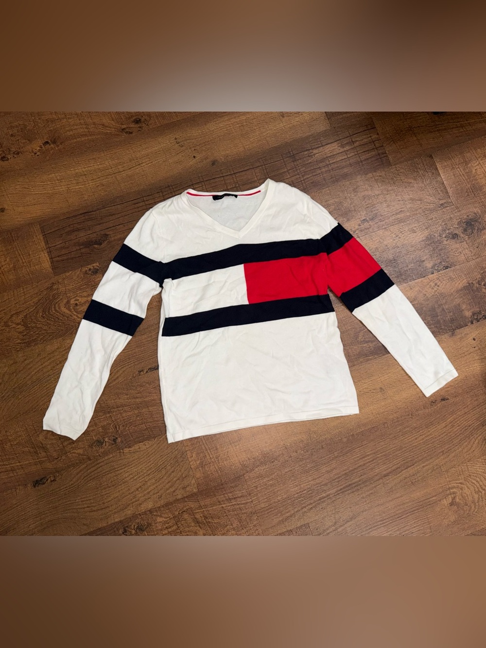 Tommy Hilfiger White V-Neck Sweater with Navy and Red Stripes